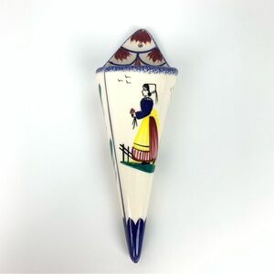 Henriot Quimper Wall Pocket Pottery Vtg France Signed Woman Birds Colorful Decor